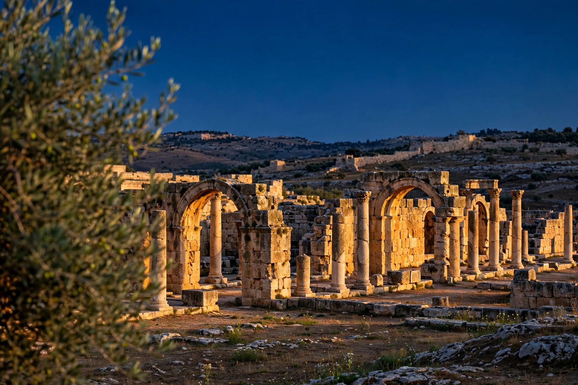 Ancient limestone arches and columns in warm evening light, framed by an olive tree